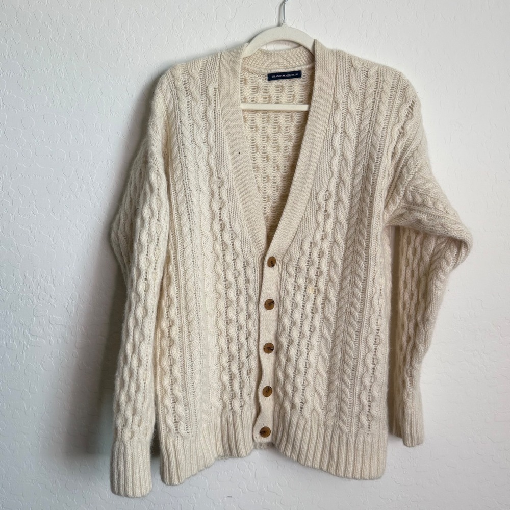 Brandy Melville Cream Cable Knit Oversized V-Neck Button Cardigan Sweater‎ Wool